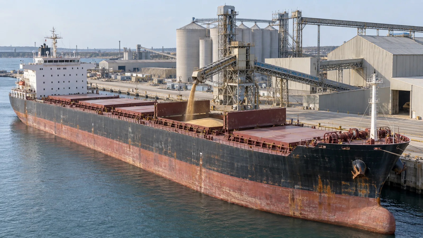 Dry bulk vessel alongside a terminal with silos and loading equipment