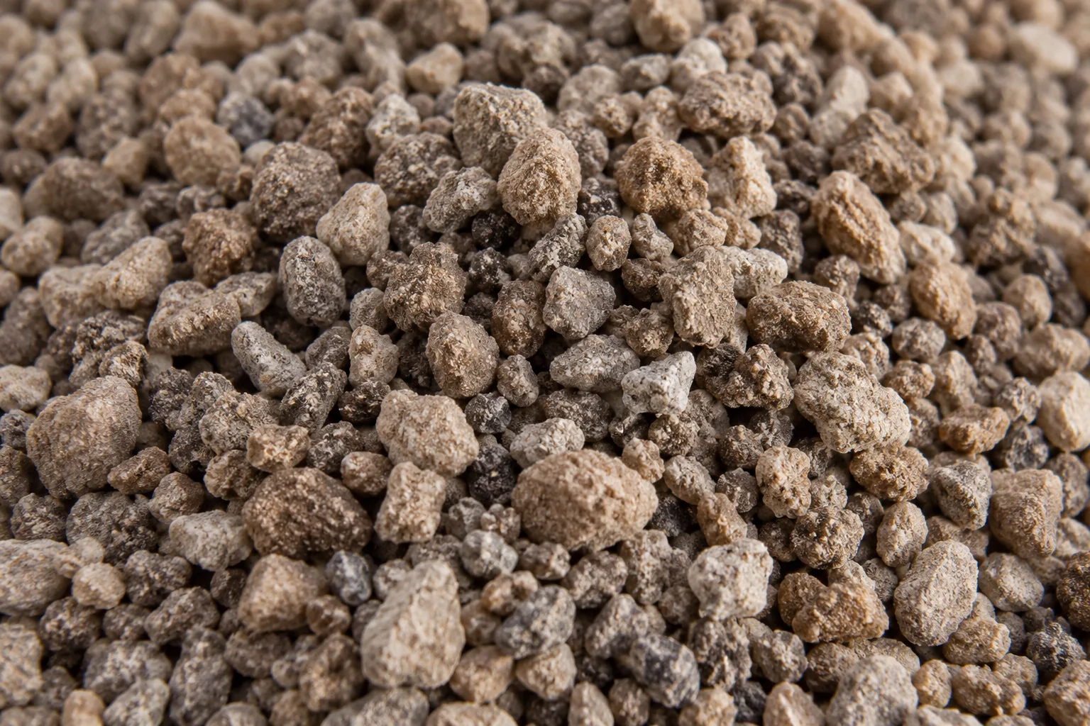 Brown and grey DAP fertilizer granules with rough mineral surfaces
