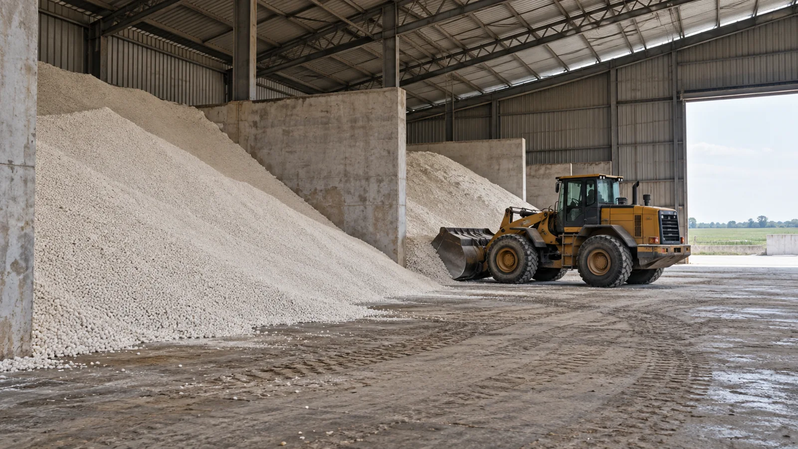 Front loader beside bulk fertilizer piles inside a storage warehouse