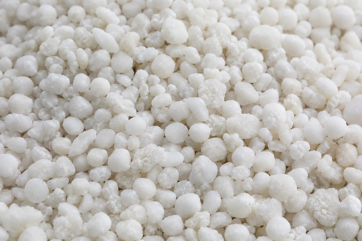 White and off-white urea granules with natural surface variation